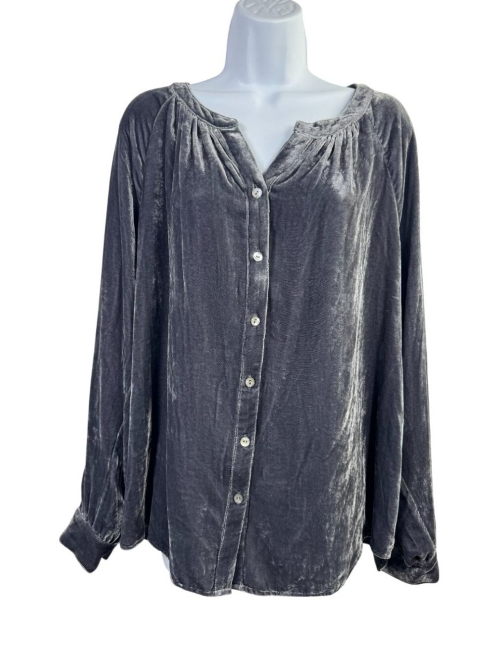 J. Jill Womens Silk Blend Gray Velvet Button Front Blouse Long Sleeve Size Large